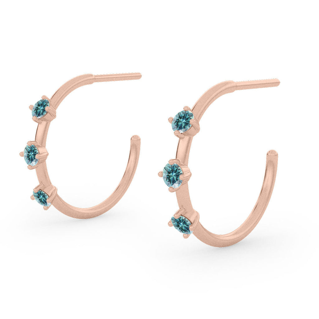 Teal Sapphire Gold 3 Stone Hoops, Orion's Belt Constellation By Valley Rose Ethical Jewelry