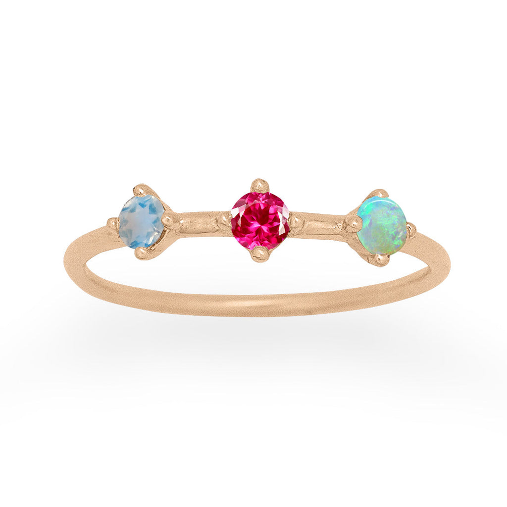 Cancer Zodiac 3 Stone Gold Stacking Ring, Orion's Belt Constellation with Ruby, Opal & Moonstone By Valley Rose Ethical Jewelry