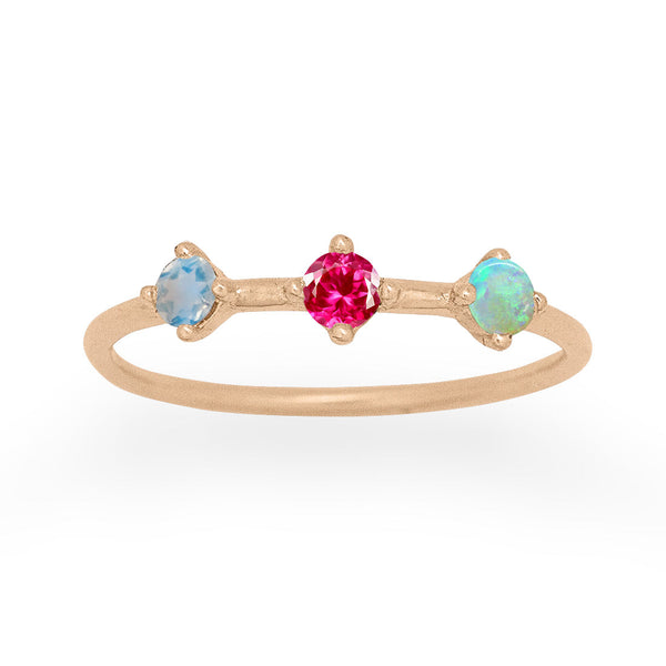 Cancer Zodiac 3 Stone Gold Stacking Ring, Orion's Belt Constellation with Ruby, Opal & Moonstone By Valley Rose Ethical Jewelry