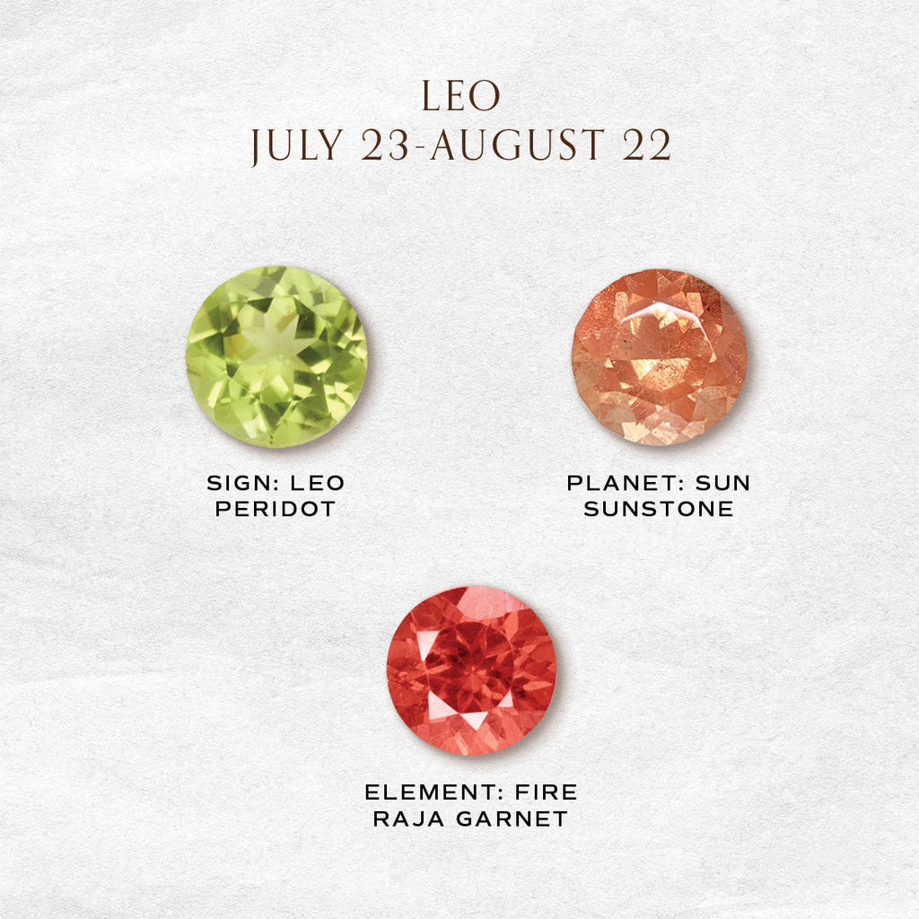 Leo Zodiac 3 Stone Gold Stacking Ring, Orion's Belt Constellation with Peridot, Sunstone & Garnet By Valley Rose Ethical Jewelry