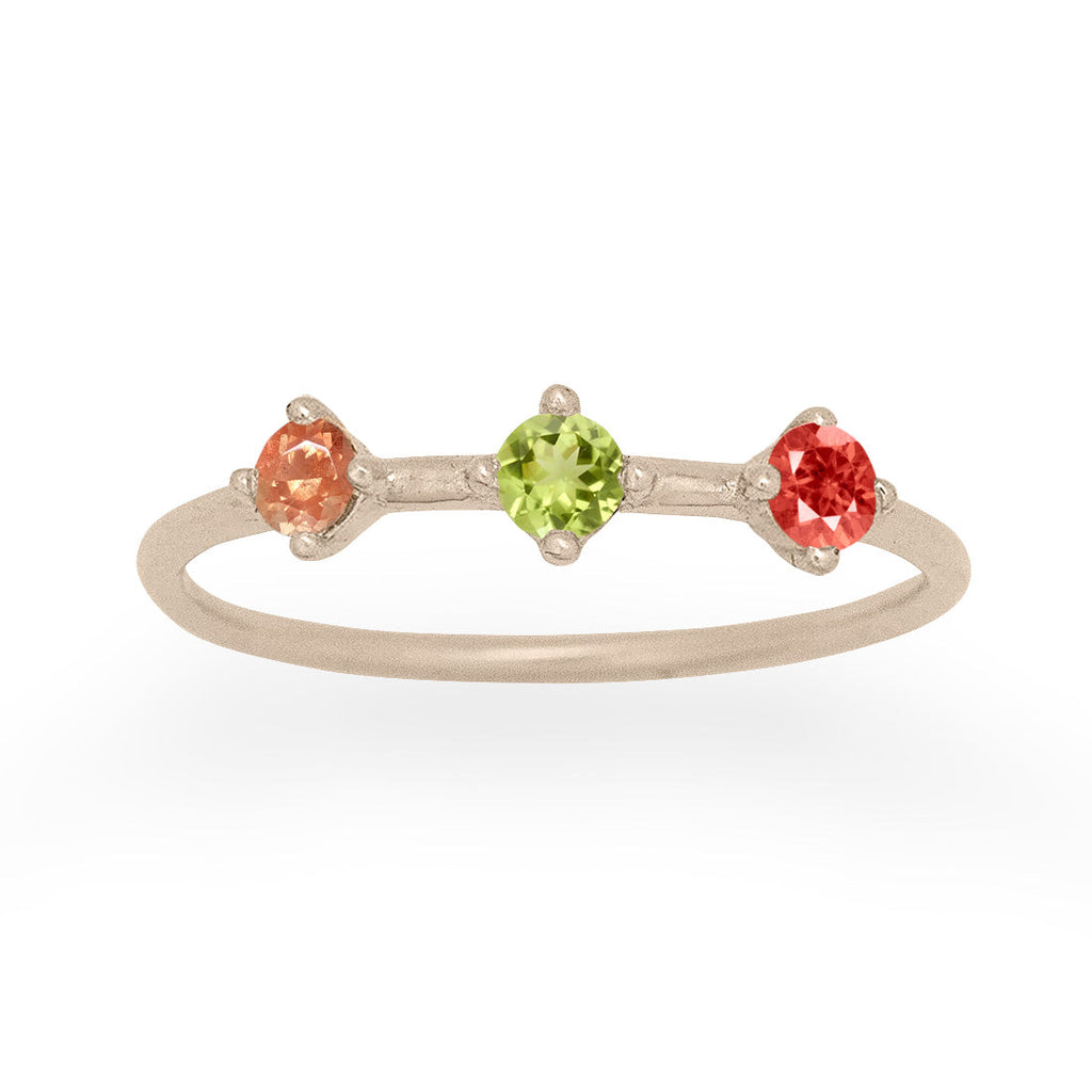 Leo Zodiac 3 Stone Gold Stacking Ring, Orion's Belt Constellation with Peridot, Sunstone & Garnet By Valley Rose Ethical Jewelry