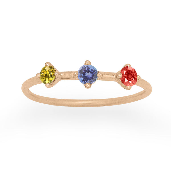 Sagittarius Zodiac 3 Stone Gold Stacking Ring, Orion's Belt Constellation with Tanzanite, Sapphire & Garnet By Valley Rose Ethical Jewelry