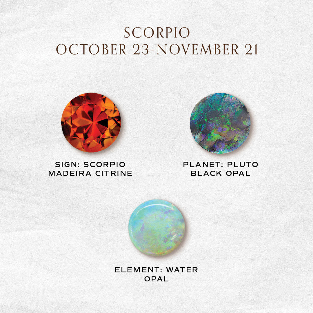 Scorpio Zodiac 3 Stone Gold Stacking Ring, Orion's Belt Constellation with Citrine & Opal By Valley Rose Ethical Jewelry