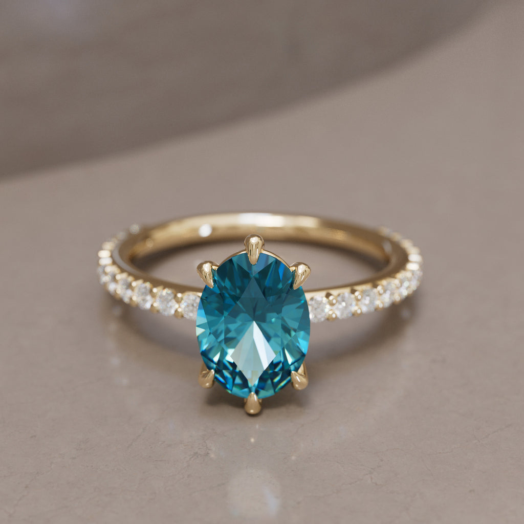 Oval Blue Sapphire Engagement Ring Solitaire with Tiny Diamonds By Valley Rose