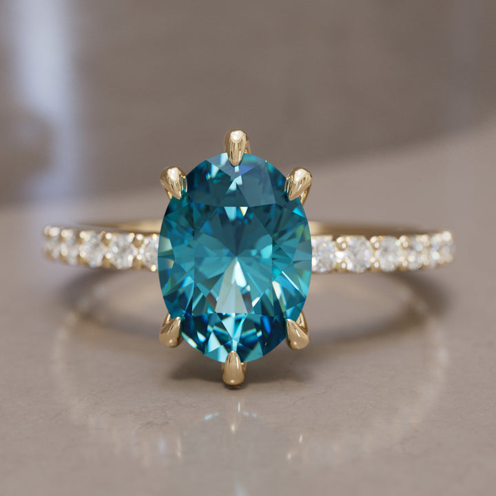 Oval Blue Sapphire Engagement Ring Solitaire with Tiny Diamonds By Valley Rose
