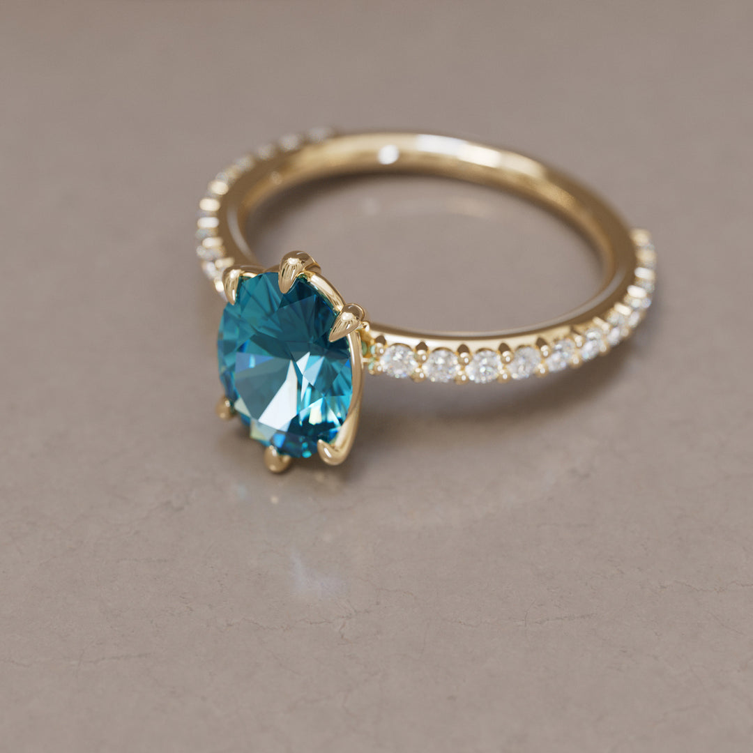 Oval Blue Sapphire Engagement Ring Solitaire with Tiny Diamonds By Valley Rose