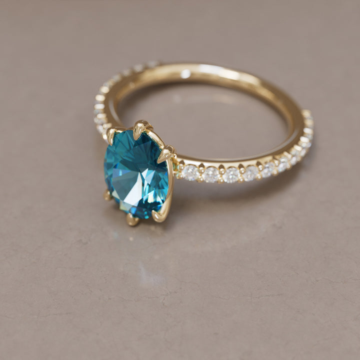 Oval Blue Sapphire Engagement Ring Solitaire with Tiny Diamonds By Valley Rose