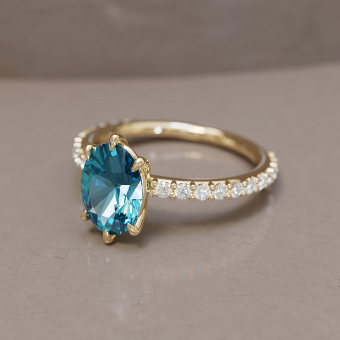 Oval Blue Sapphire Engagement Ring Solitaire with Tiny Diamonds By Valley Rose