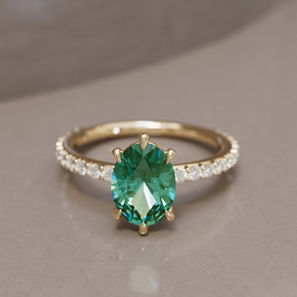 Oval Green Sapphire Engagement Ring Solitaire with Tiny Diamonds By Valley Rose