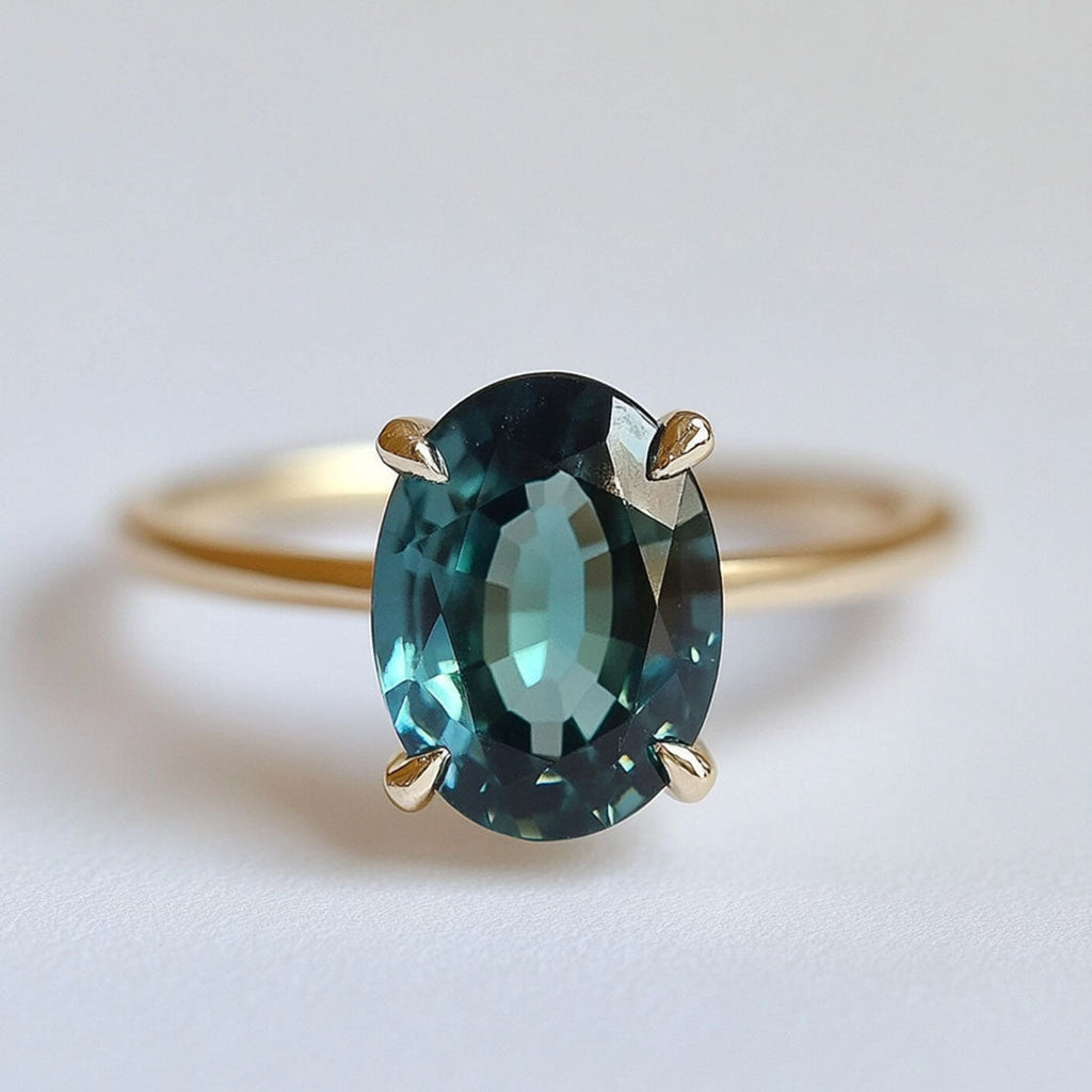 Oval Sapphire Engagement Ring Solitaire in Teal, Blue, or Green By Valley Rose