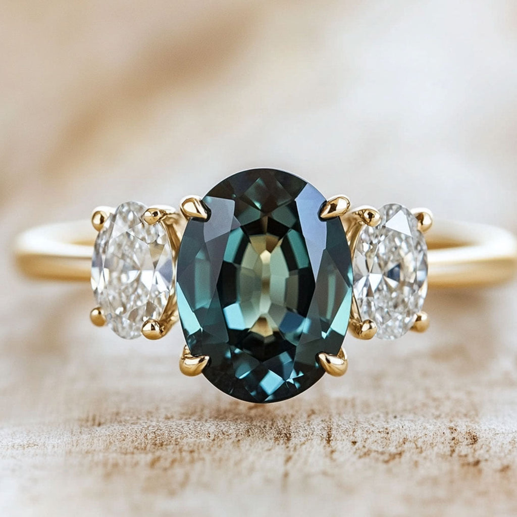 Oval Teal Sapphire Engagement Ring with Diamonds By Valley Rose