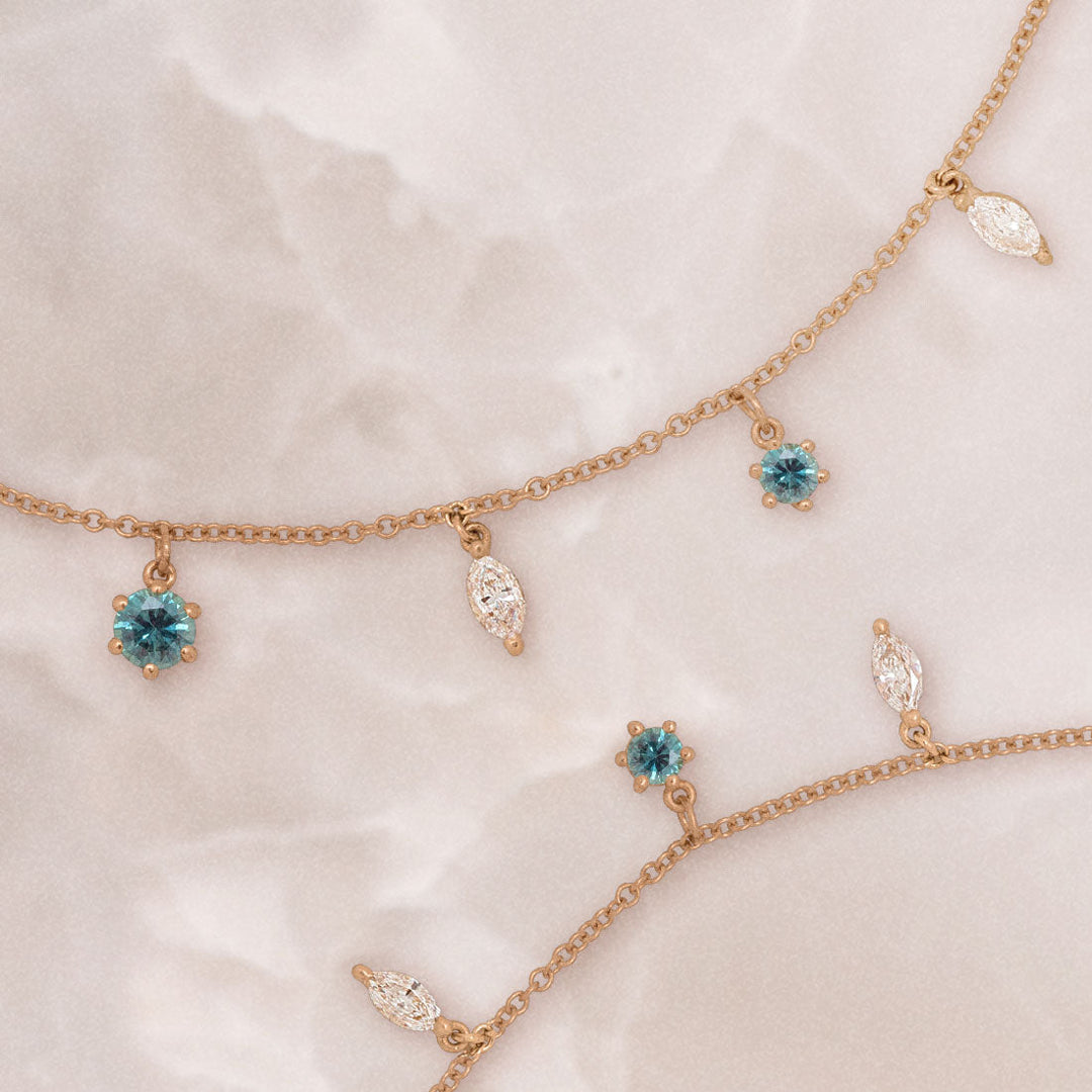 Teal Sapphire & Marquise Diamond Charm Fringe Gold Necklace By Valley Rose Ethical Jewelry