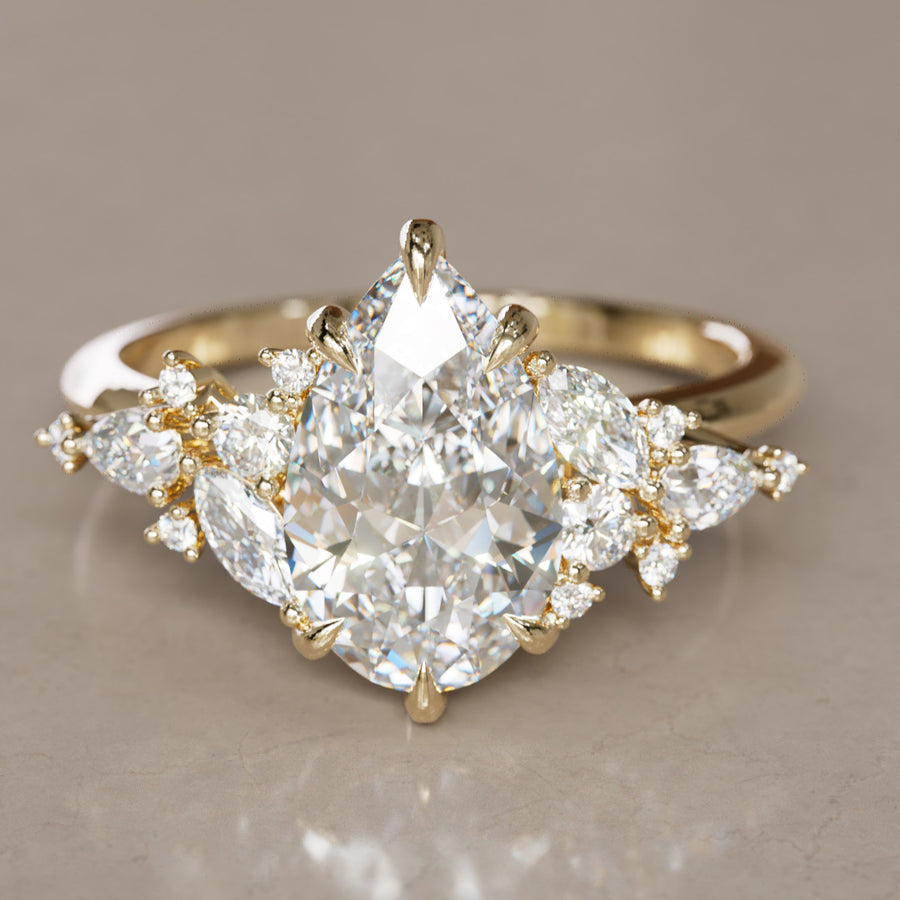 Pear Cut Diamond Unique Engagement Ring Nature Flower Inspired By Valley Rose
