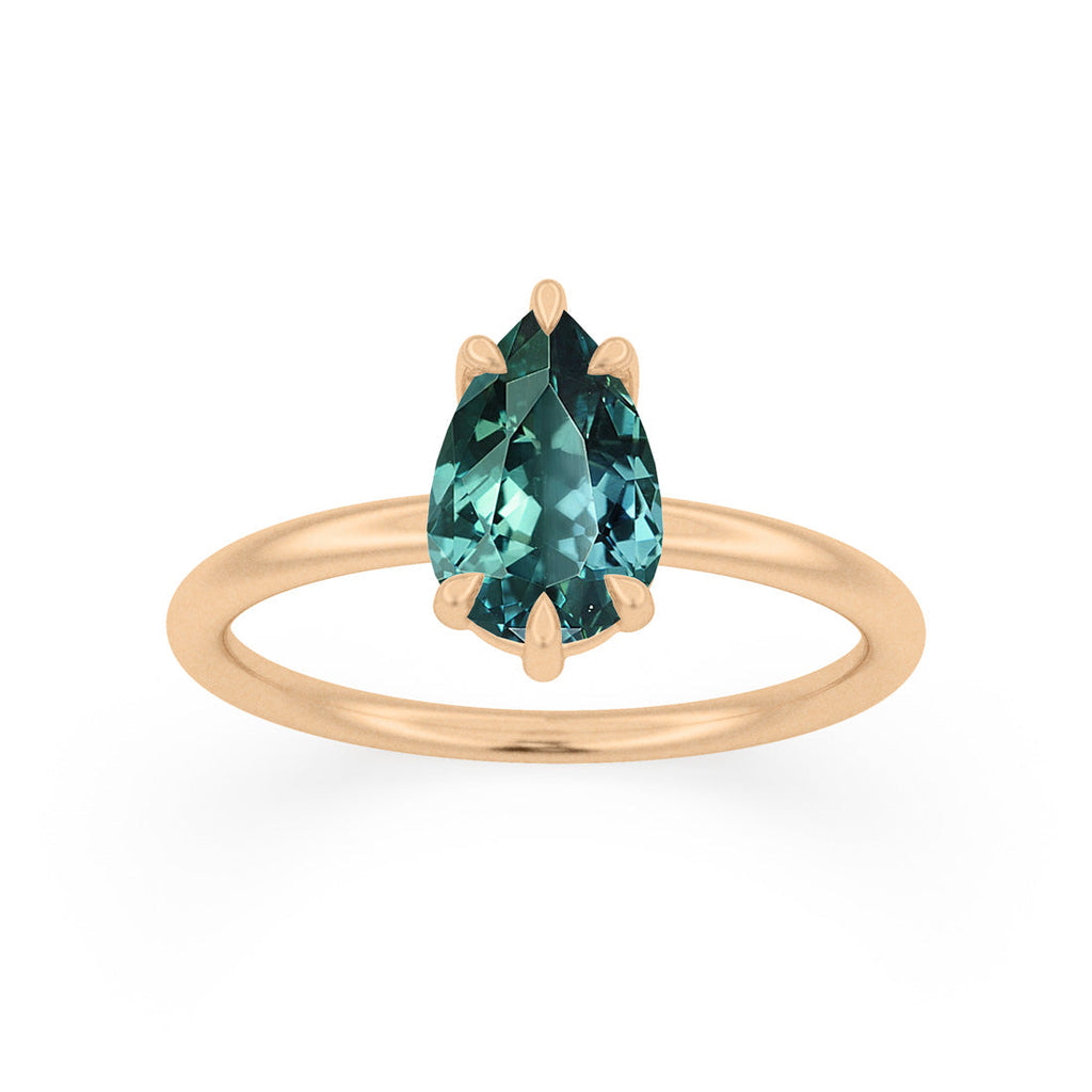 Pear Sapphire Ethical Engagement Ring Solitaire in Teal, Blue or Green By Valley Rose