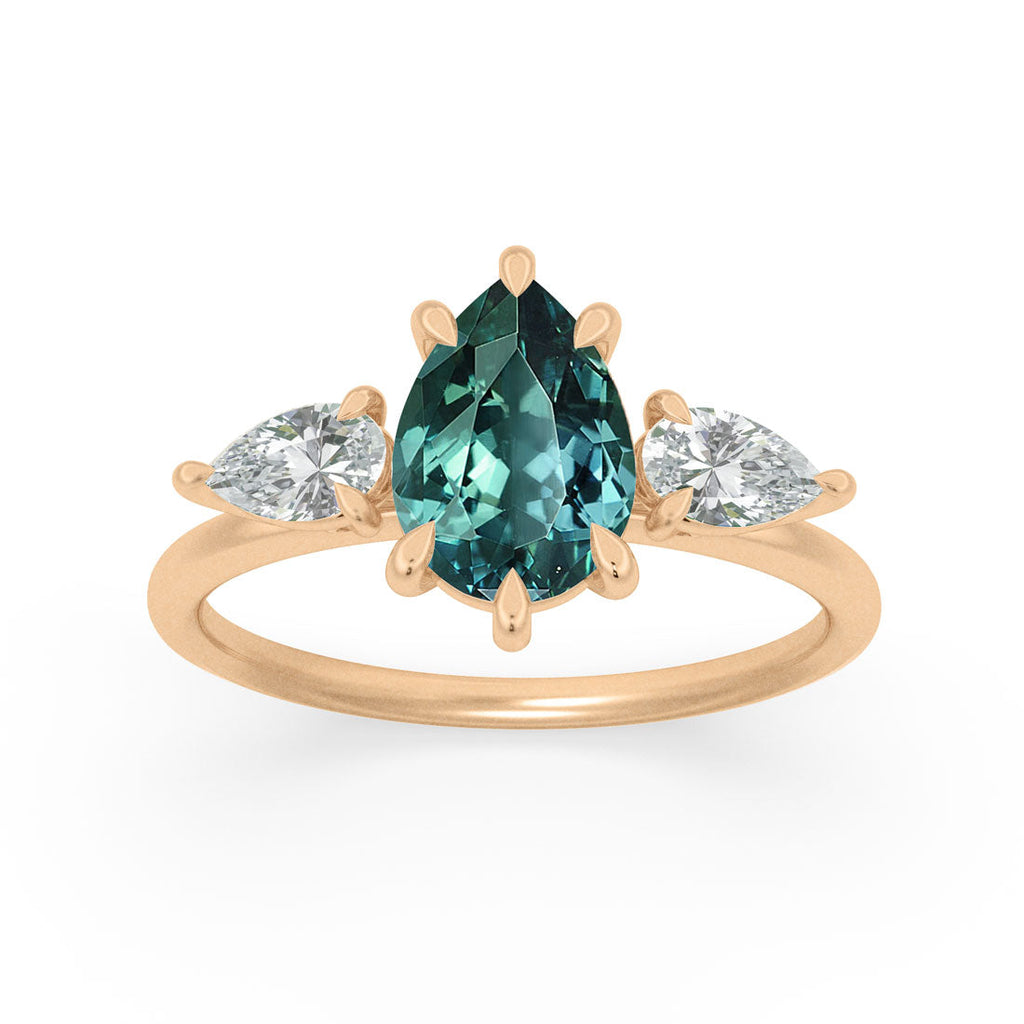 Pear Sapphire Ethical Engagement Ring with Diamonds in Teal, Blue or Green By Valley Rose
