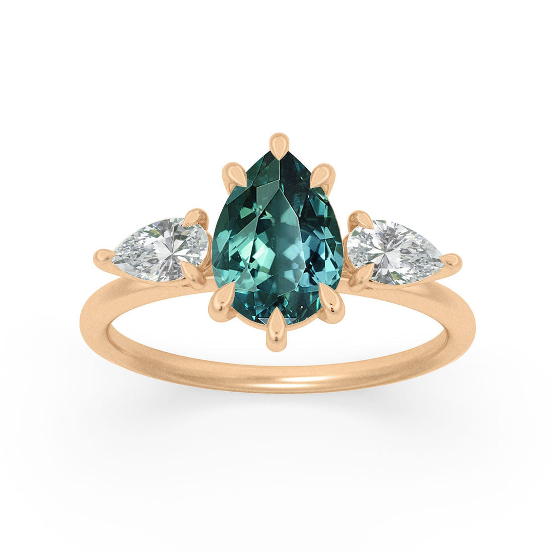 Pear Sapphire Three Stone Engagement Ring with Diamonds By Valley Rose