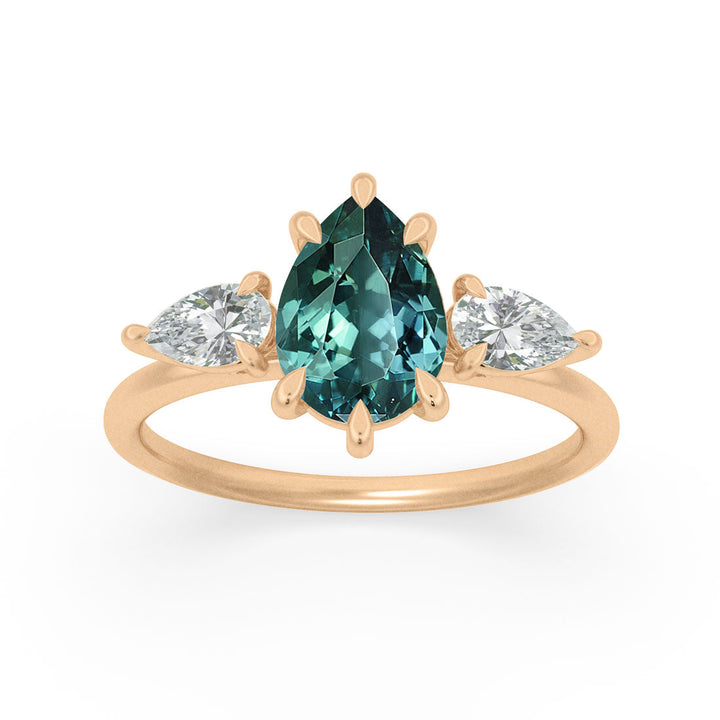 Pear Sapphire Three Stone Engagement Ring with Diamonds By Valley Rose