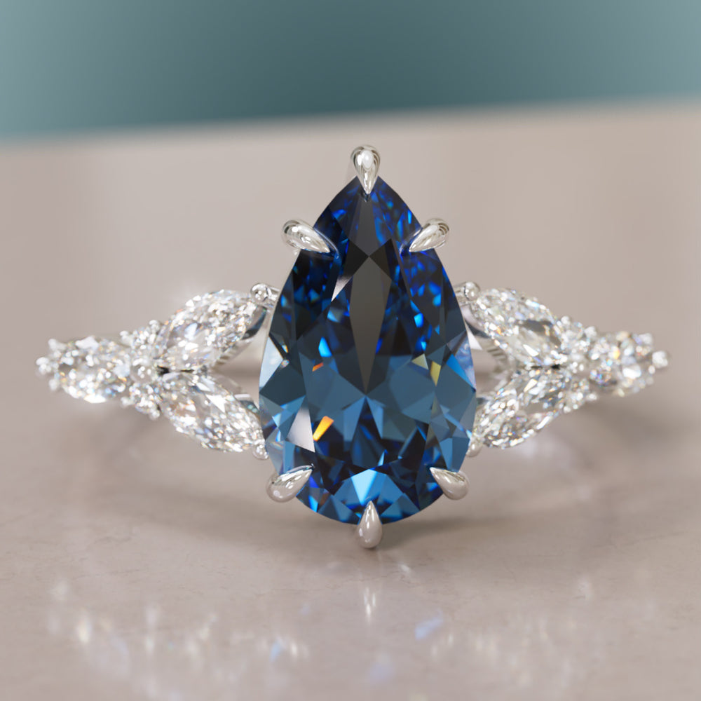 Peony Pear Blue Sapphire Engagement Flower Ring Nature Inspired By Valley Rose