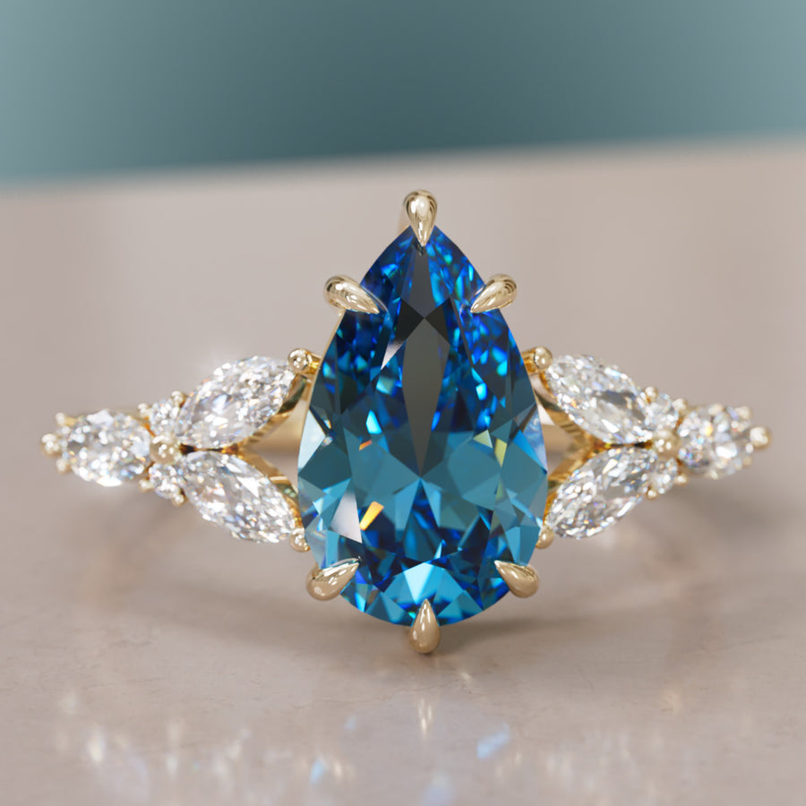 Peony Pear Blue Sapphire Engagement Flower Ring Nature Inspired By Valley Rose