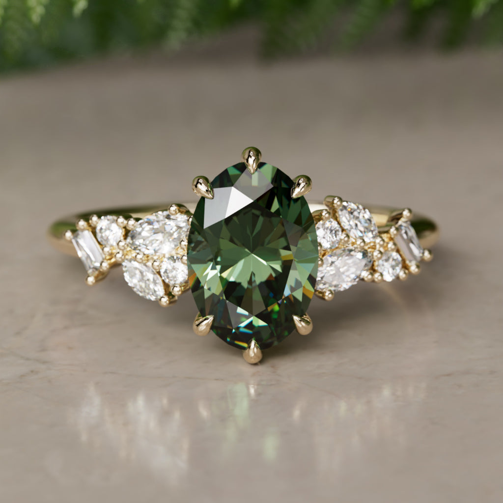 Phaedra Oval Green Sapphire Unique Engagement Ring Nature Inspired By Valley Rose