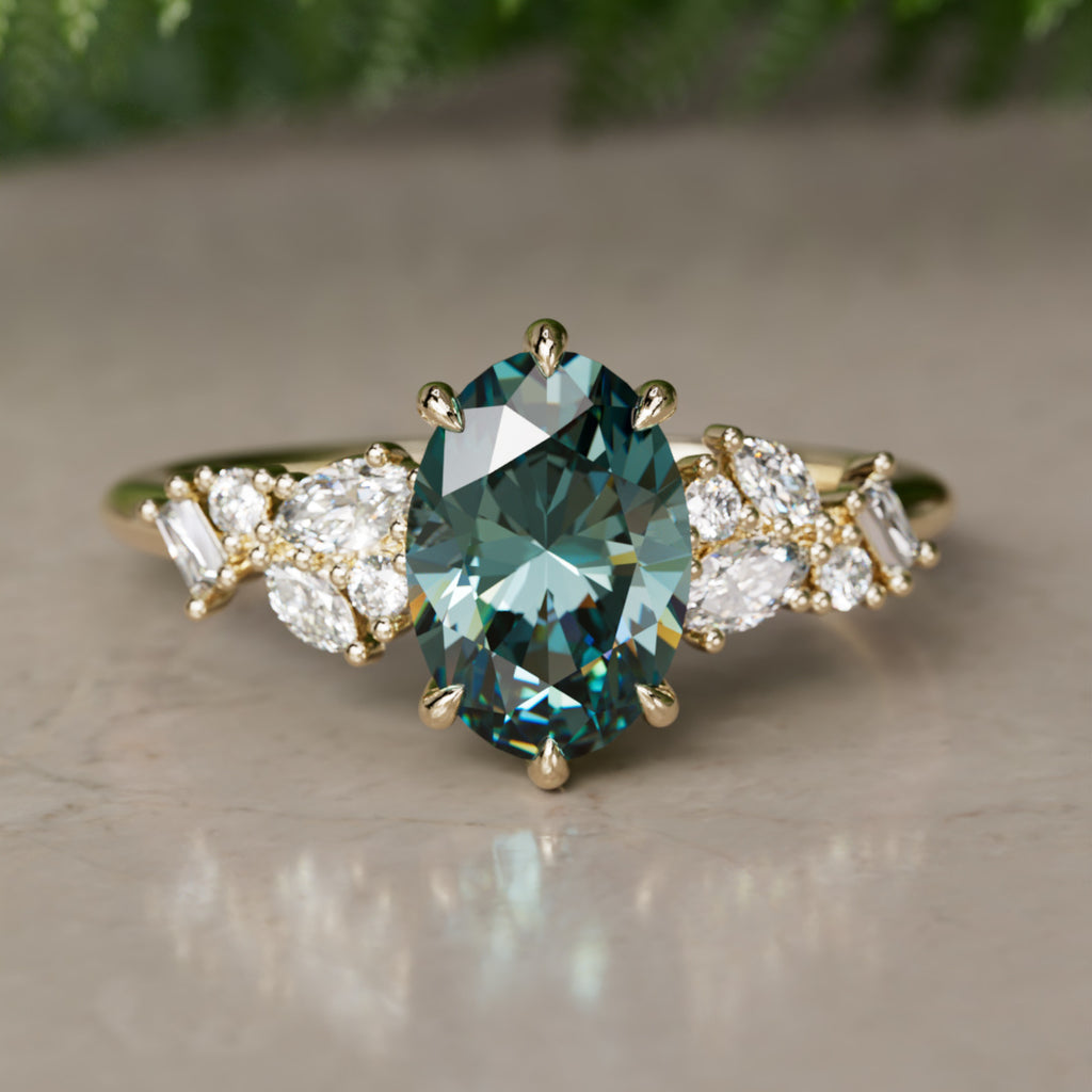 Phaedra Oval Teal Sapphire Unique Engagement Ring Nature Inspired By Valley Rose
