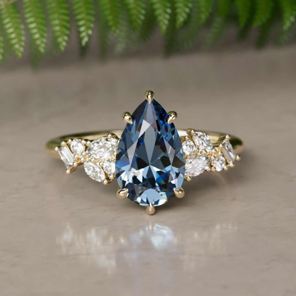 Phaedra Pear Blue Sapphire Unique Engagement Ring Nature Inspired By Valley Rose