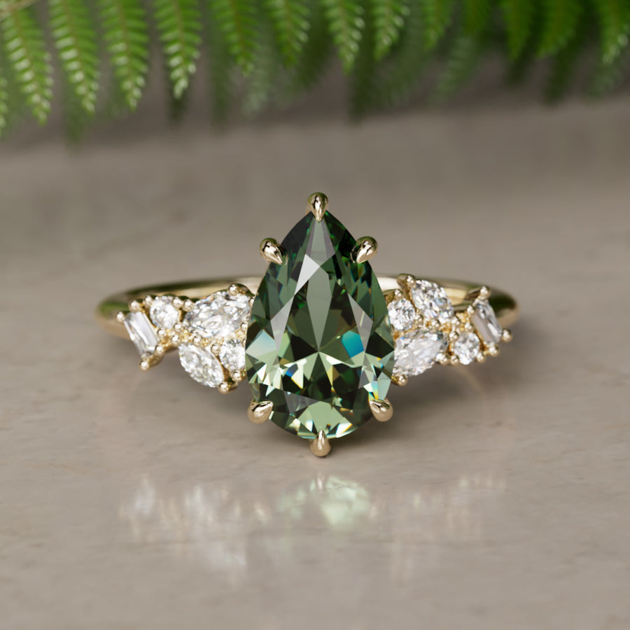 Phaedra Pear Green Sapphire Unique Engagement Ring Nature Inspired By Valley Rose