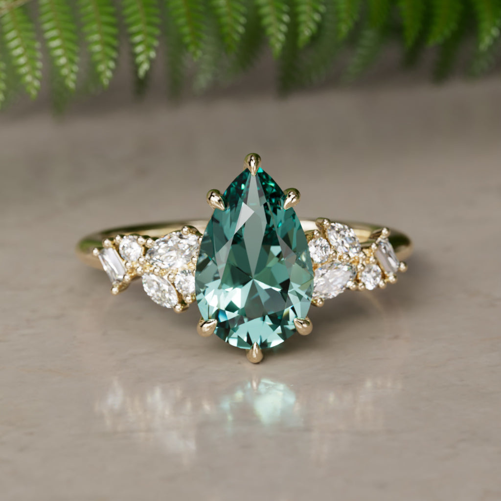 Phaedra Pear Teal Sapphire Unique Engagement Ring Nature Inspired By Valley Rose