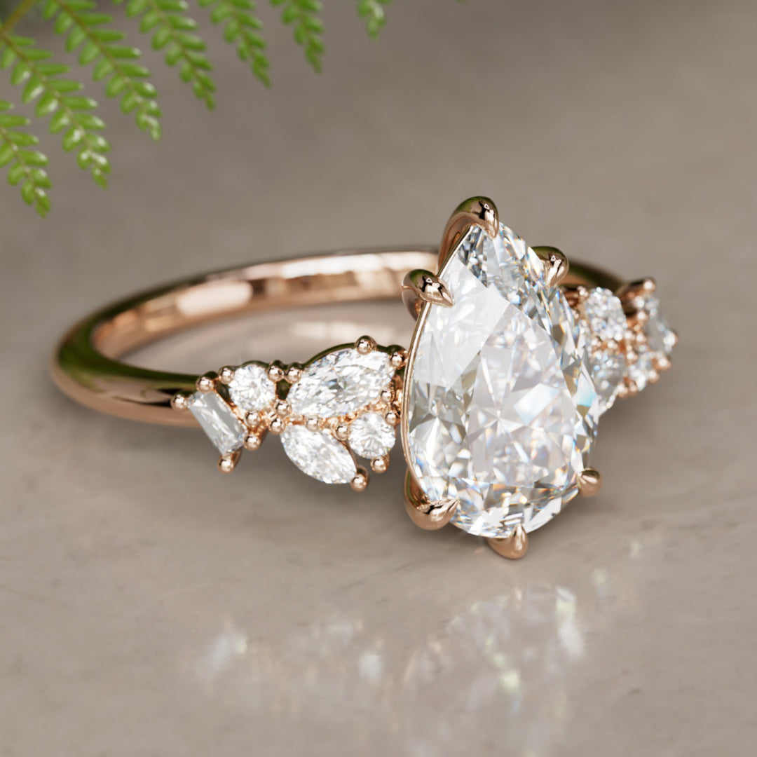 Philomena Pear Lab Diamant Unieke Verlovingsring Natuur Geïnspireerd