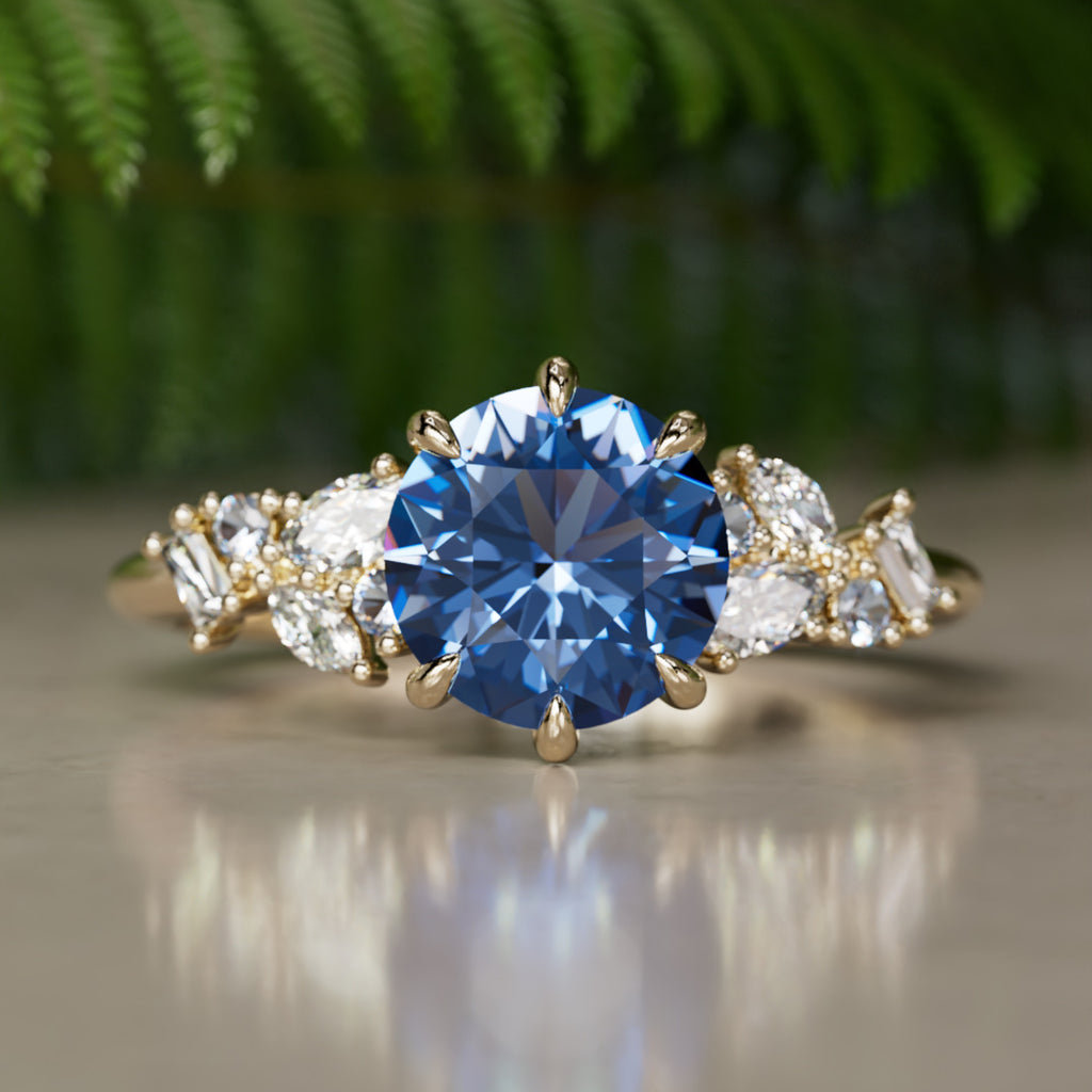 Phaedra Round Blue Sapphire Unique Engagement Ring Nature Inspired By Valley Rose