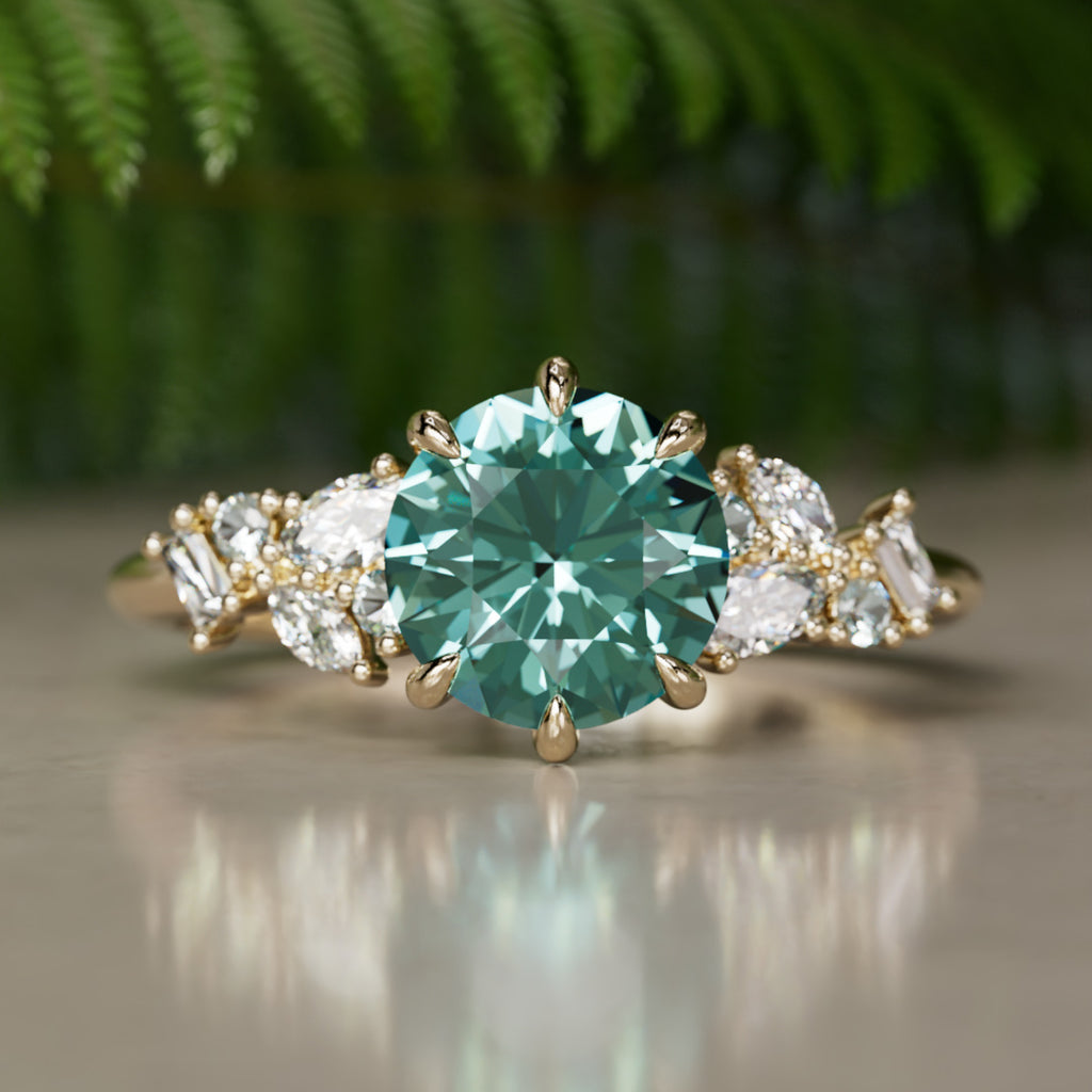 Phaedra Round Teal Sapphire Unique Engagement Ring Nature Inspired By Valley Rose