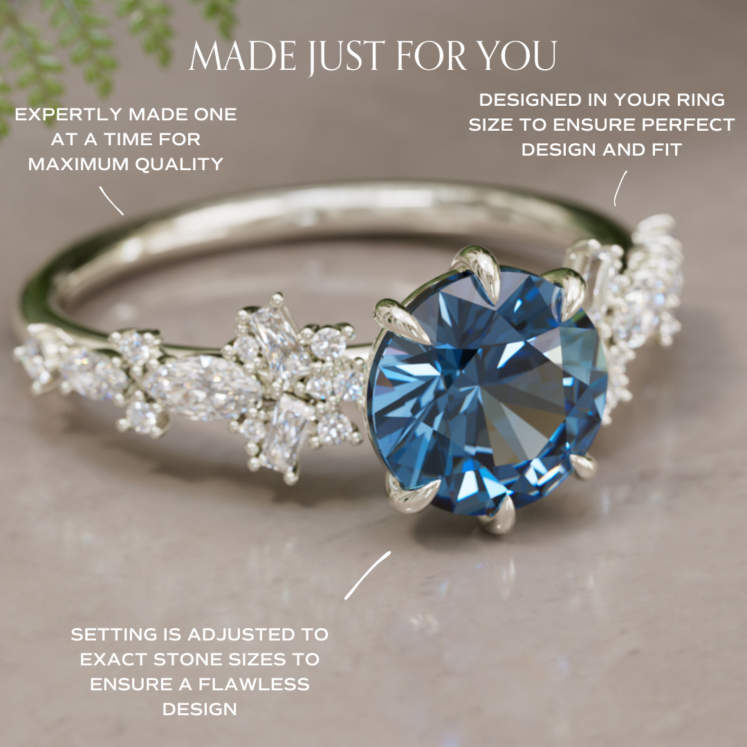 Philomena Round Blue Sapphire Unique Engagement Ring Nature Inspired By Valley Rose