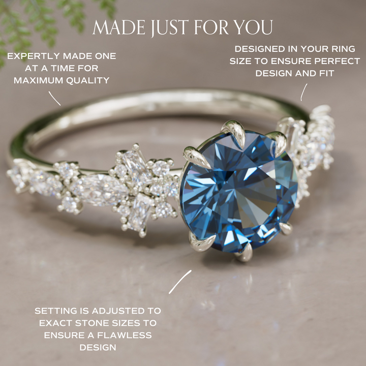 Philomena Round Blue Sapphire Unique Engagement Ring Nature Inspired By Valley Rose