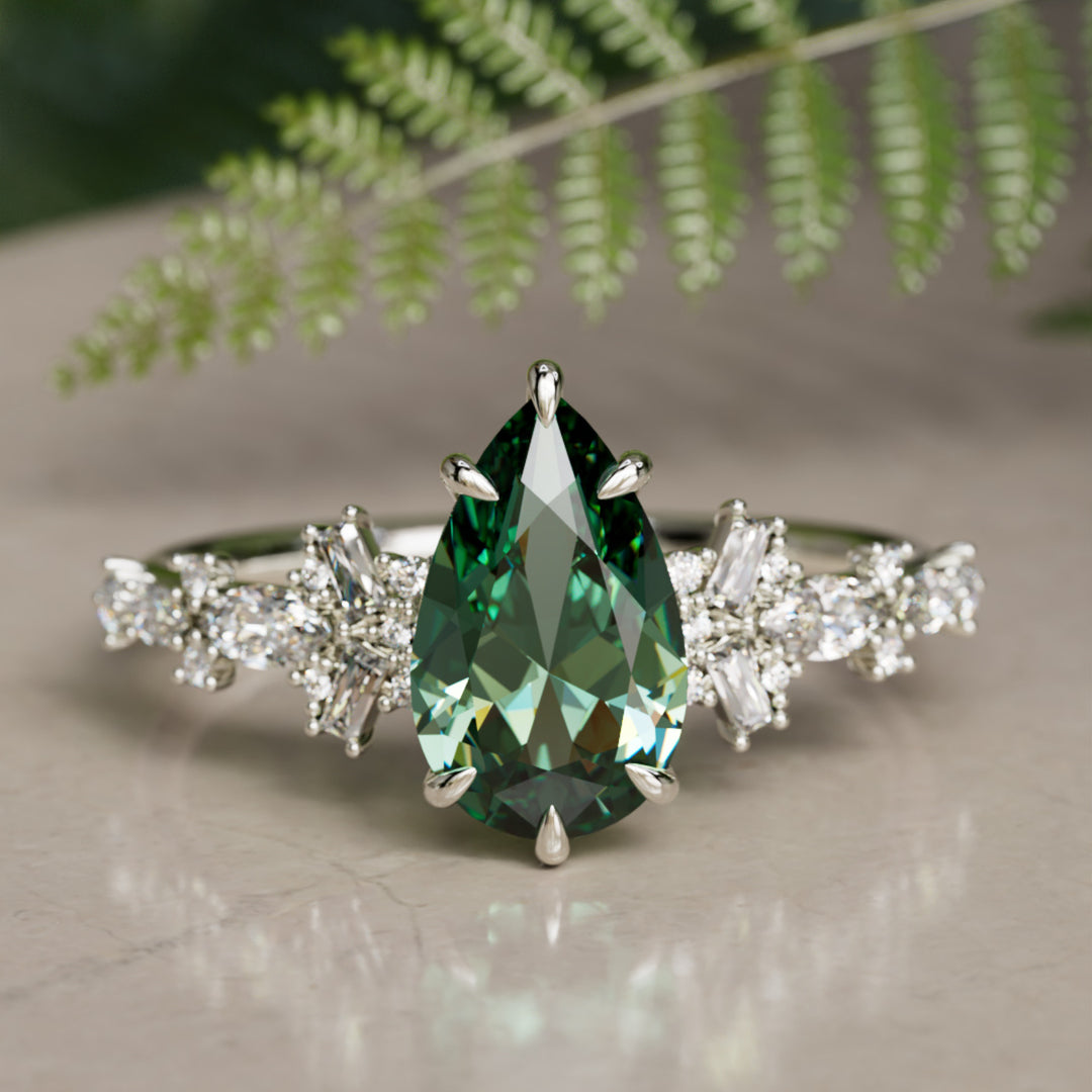 Philomena Pear Green Sapphire Unique Engagement Ring Nature Inspired (Setting Only)