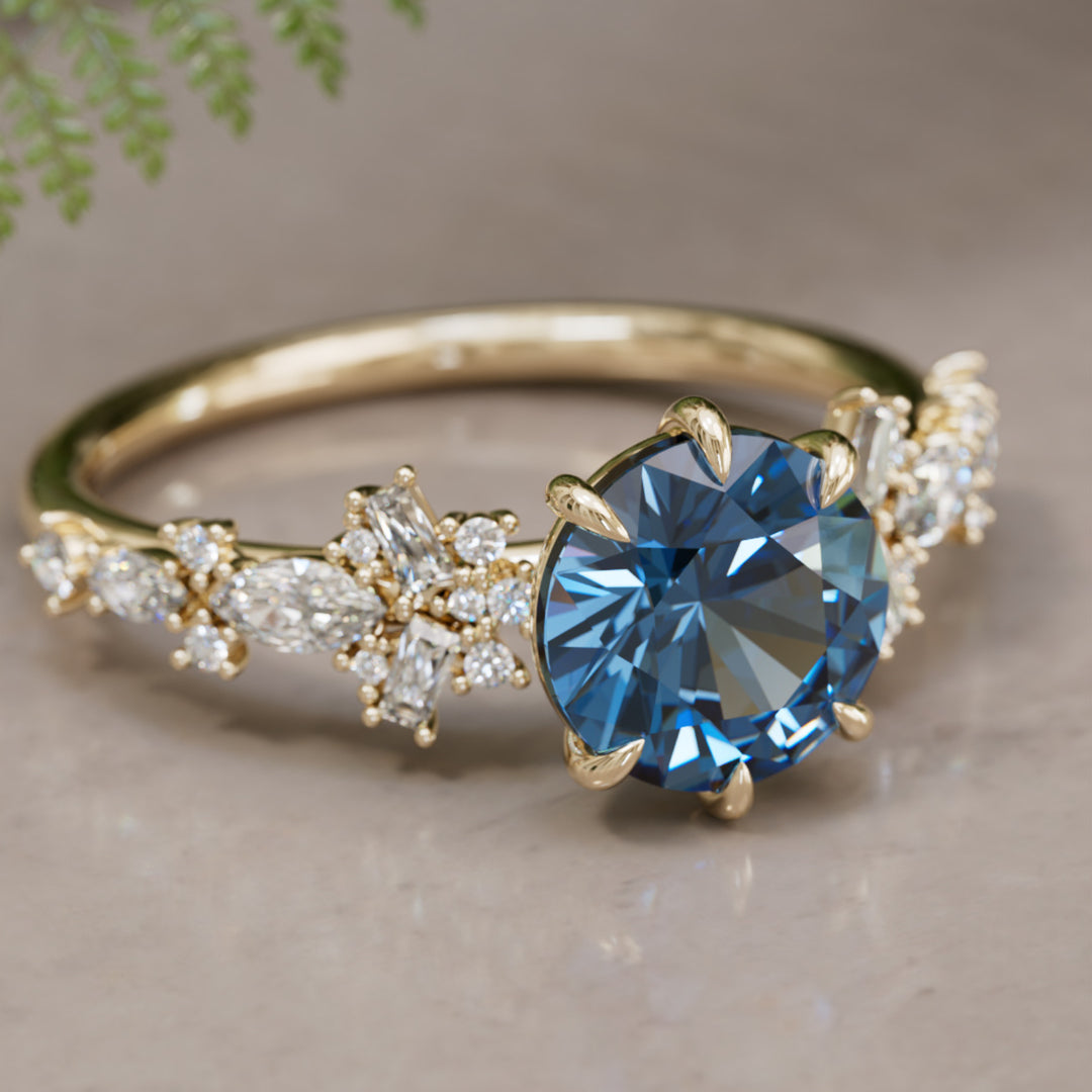 Philomena pyöreä sininen safiiri ainutlaatuinen kihlasormus luonnosta inspiroitunut (vain sormuksen runko)