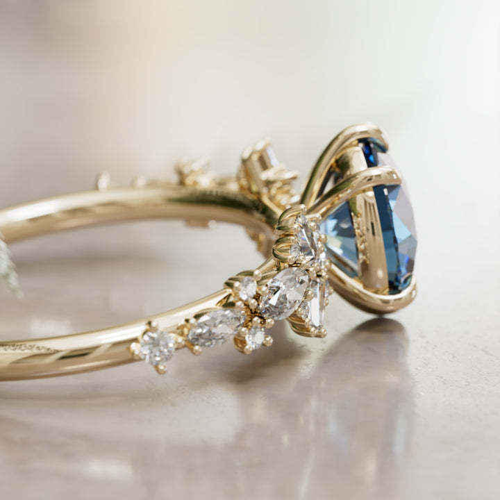 Philomena pyöreä sininen safiiri ainutlaatuinen kihlasormus luonnosta inspiroitunut (vain sormuksen runko)