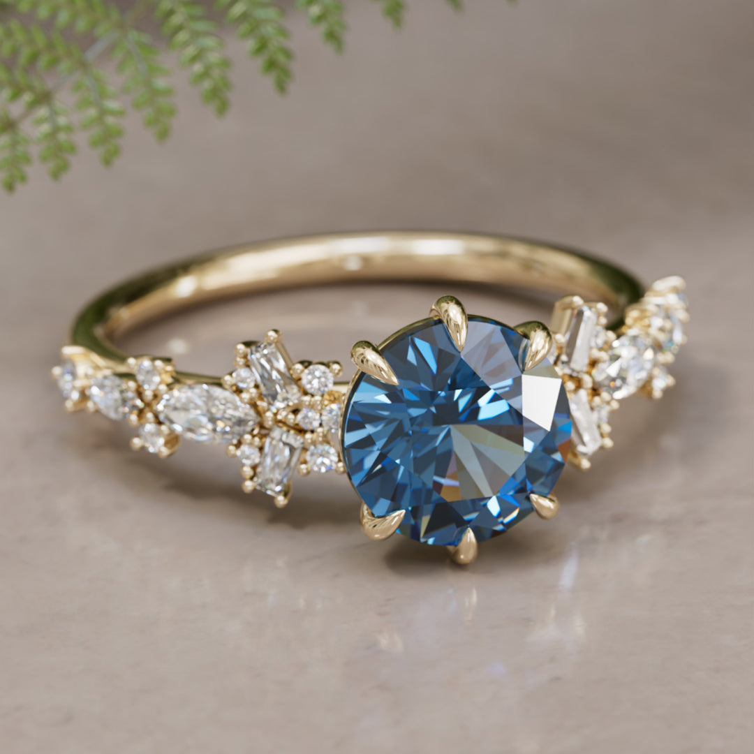 Philomena pyöreä sininen safiiri ainutlaatuinen kihlasormus luonnosta inspiroitunut (vain sormuksen runko)