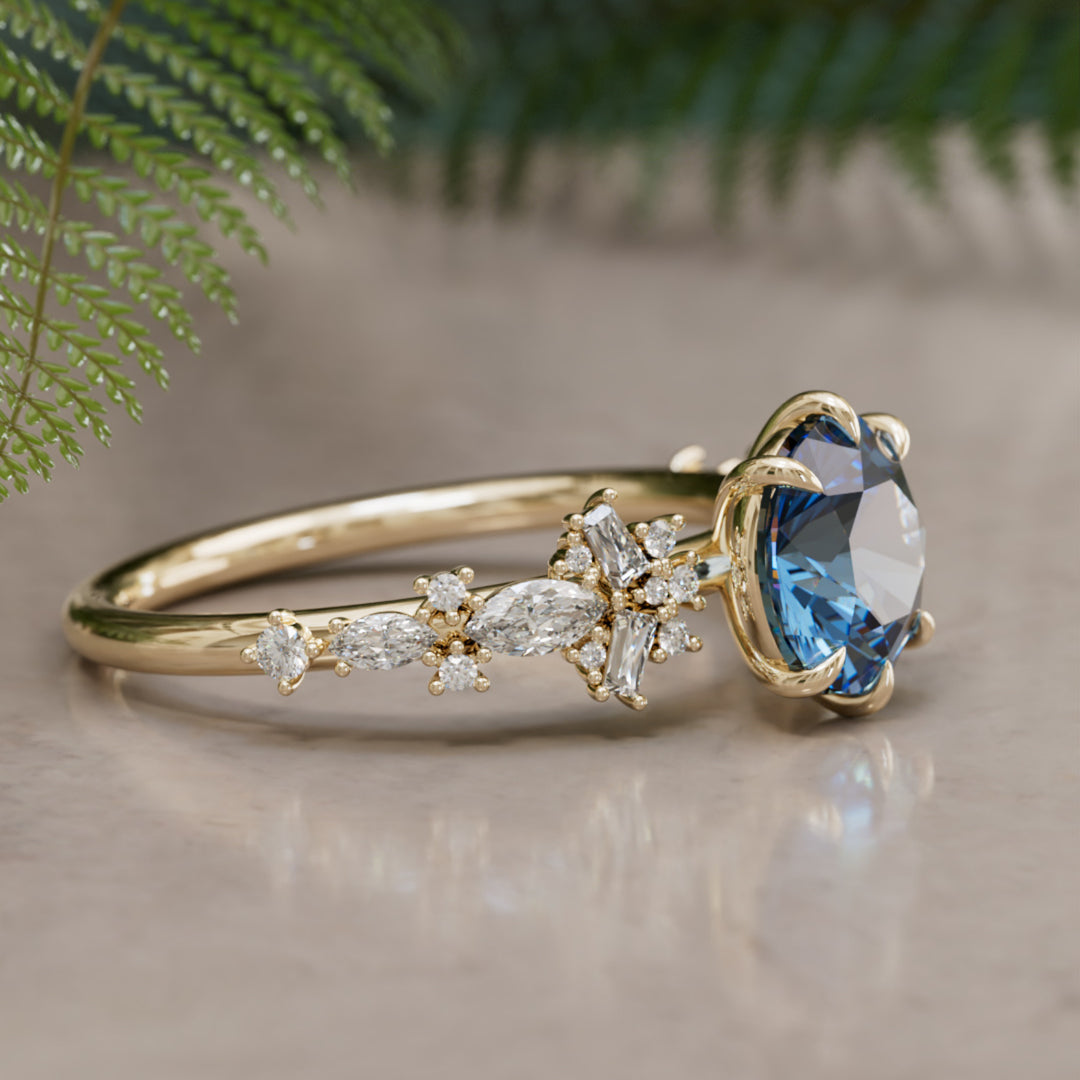 Philomena pyöreä sininen safiiri ainutlaatuinen kihlasormus luonnosta inspiroitunut (vain sormuksen runko)