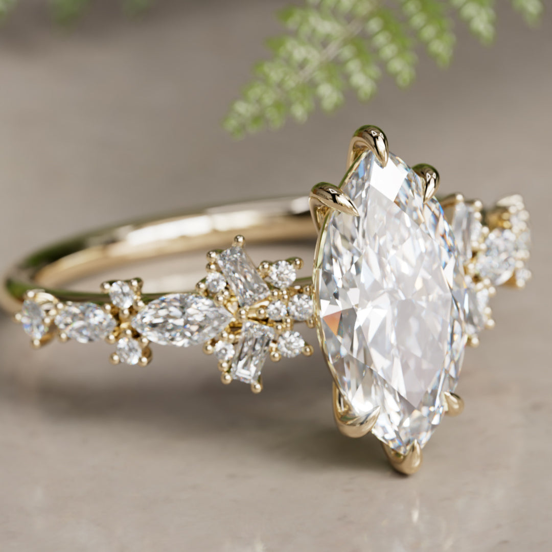 Philomena Marquise Lab Diamond Unique Engagement Ring Nature Inspired