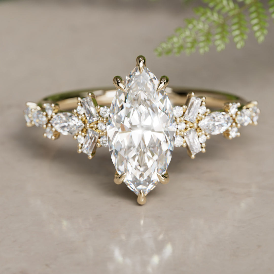 Philomena Marquise Lab Diamond Unique Engagement Ring Nature Inspired