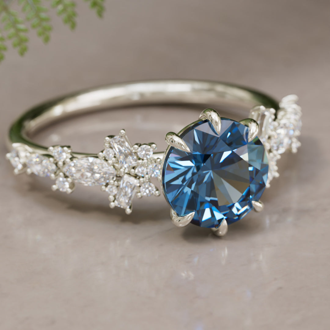 Philomena Round Blue Sapphire Unique Engagement Ring Nature Inspired