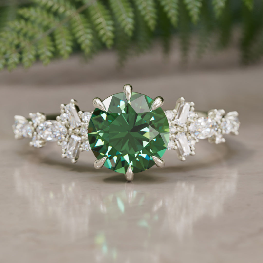 Philomena Round Green Sapphire Unique Engagement Ring Nature Inspired