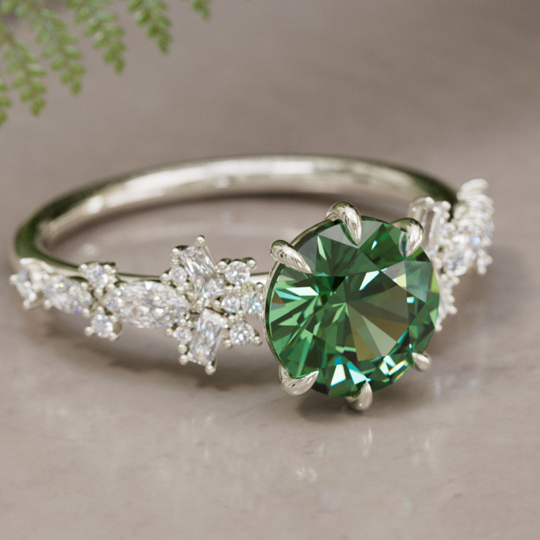 Philomena Round Green Sapphire Unique Engagement Ring Nature Inspired
