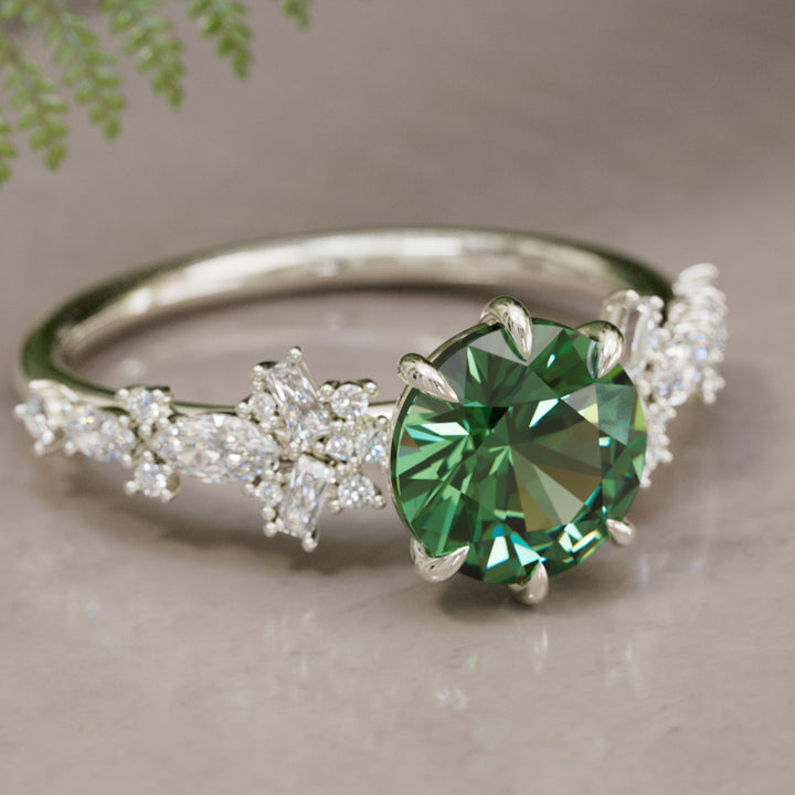 Philomena Round Green Sapphire Unique Engagement Ring Nature Inspired