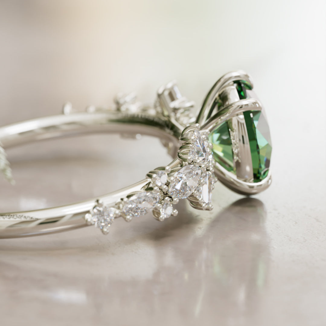Philomena Round Green Sapphire Unique Engagement Ring Nature Inspired