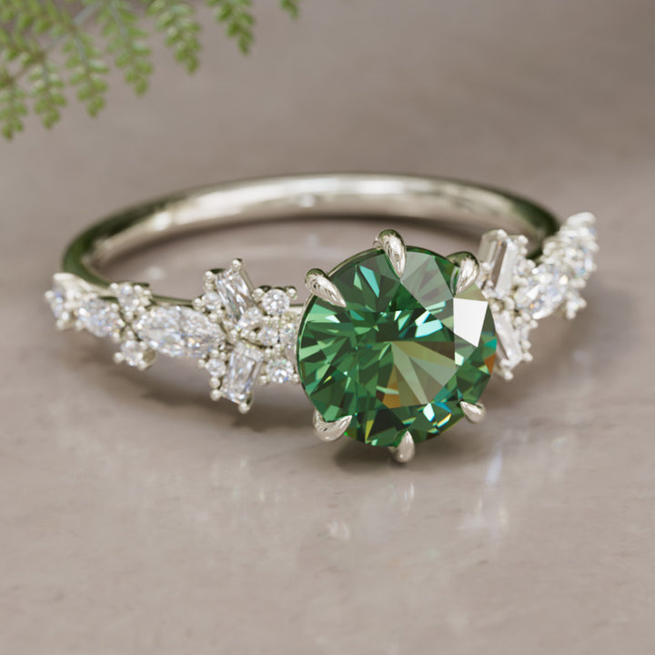 Philomena Round Green Sapphire Unique Engagement Ring Nature Inspired