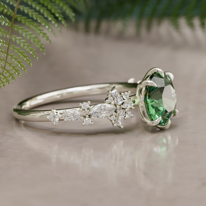 Philomena Round Green Sapphire Unique Engagement Ring Nature Inspired