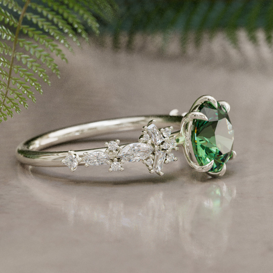 Philomena Round Green Sapphire Unique Engagement Ring Nature Inspired
