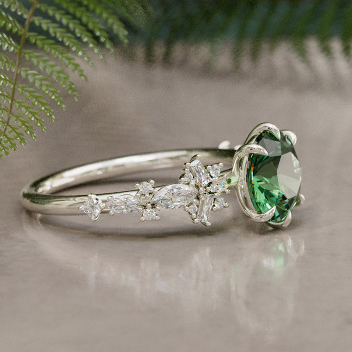Philomena Round Green Sapphire Unique Engagement Ring Nature Inspired