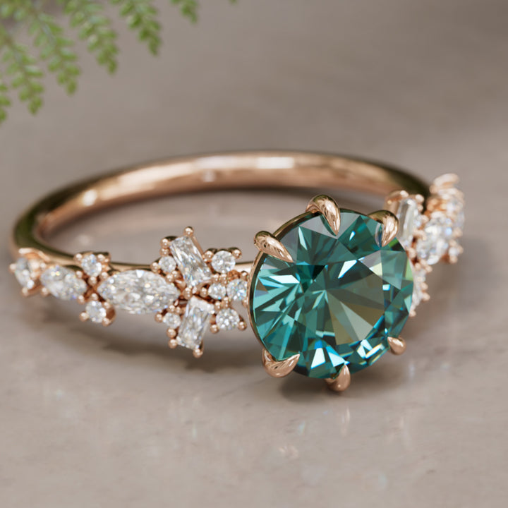 Philomena Round Teal Sapphire Unique Engagement Ring Nature Inspired